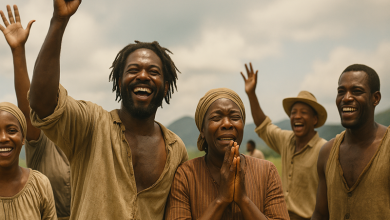 A photorealistic image of five Afro-Caribbean individuals in 1838 Dominica expressing joy and hope after the abolition of slavery, set in a natural, object-free landscape.