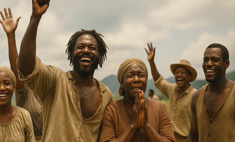 A photorealistic image of five Afro-Caribbean individuals in 1838 Dominica expressing joy and hope after the abolition of slavery, set in a natural, object-free landscape.