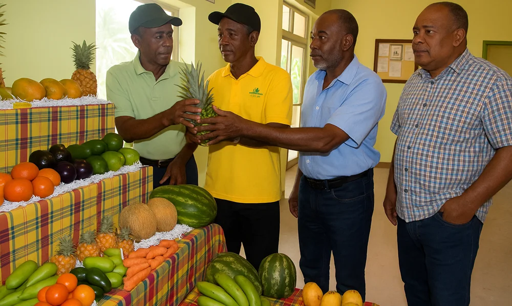 Local farmers review fruit quality at a Dominican agricultural showcase