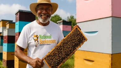beekeeper in Dominica smiling while holding a honeycomb frame in front of colorful beehives, wearing a National Beekeepers Association of Dominica T-shirt