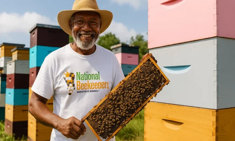 beekeeper in Dominica smiling while holding a honeycomb frame in front of colorful beehives, wearing a National Beekeepers Association of Dominica T-shirt
