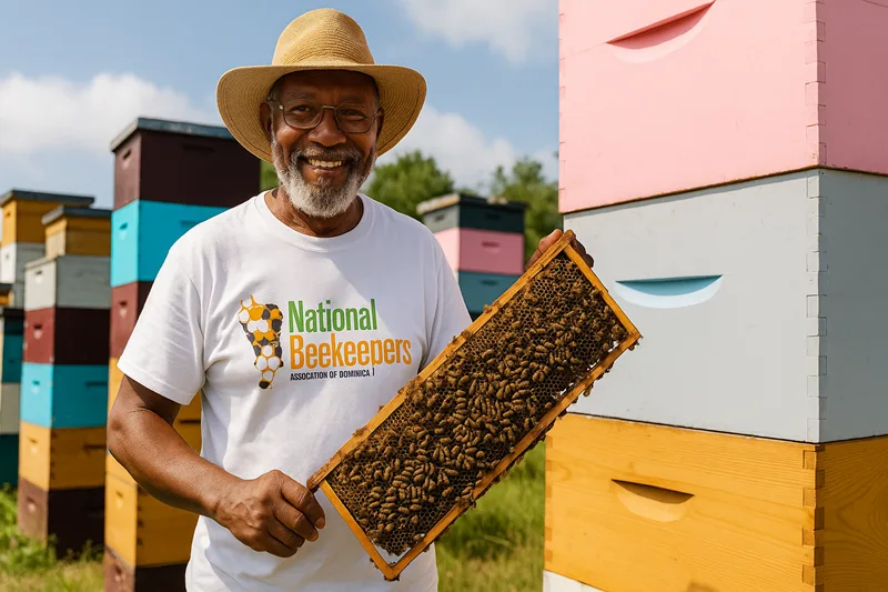 beekeeper in Dominica smiling while holding a honeycomb frame in front of colorful beehives, wearing a National Beekeepers Association of Dominica T-shirt