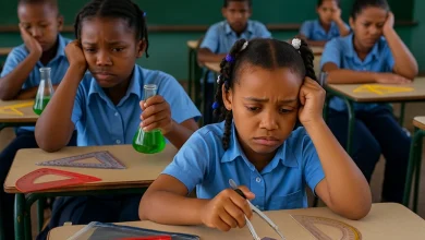 Disappointed schoolchildren in Dominica during a complex classroom science and math session, with chemistry kits, compasses, and protractors on their desks.