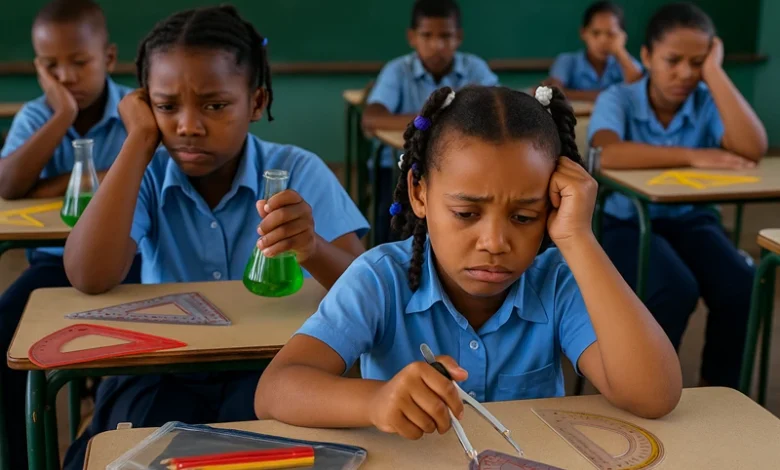 Disappointed schoolchildren in Dominica during a complex classroom science and math session, with chemistry kits, compasses, and protractors on their desks.