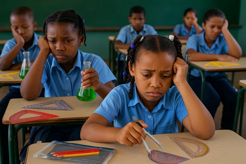 Disappointed schoolchildren in Dominica during a complex classroom science and math session, with chemistry kits, compasses, and protractors on their desks.