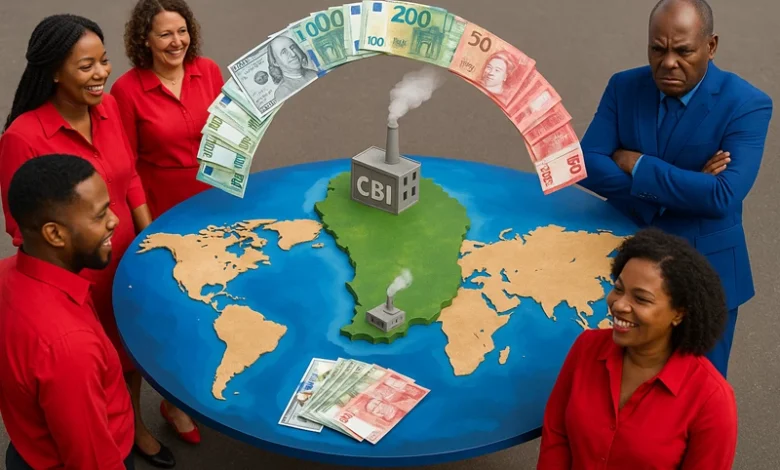 A 3D map of Dominica on a round table shows a labeled CBI factory with smoke, as smiling Dominicams in red attire observe banknotes—including US dollars, British pounds, and Euros—flowing in a rainbow arc toward the island. One man in blue stands apart with a stern expression.