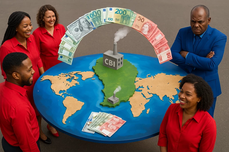 A 3D map of Dominica on a round table shows a labeled CBI factory with smoke, as smiling Dominicams in red attire observe banknotes—including US dollars, British pounds, and Euros—flowing in a rainbow arc toward the island. One man in blue stands apart with a stern expression.