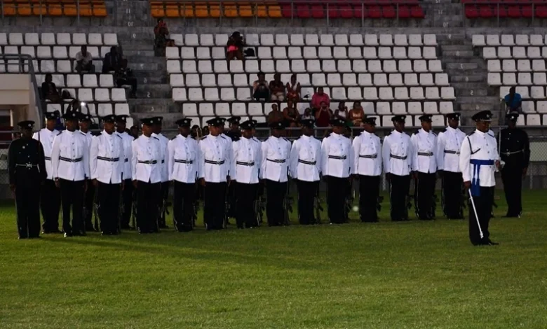 Dominica police recruits at graduation ceremony at Windsor Park Stadium in Roseau
