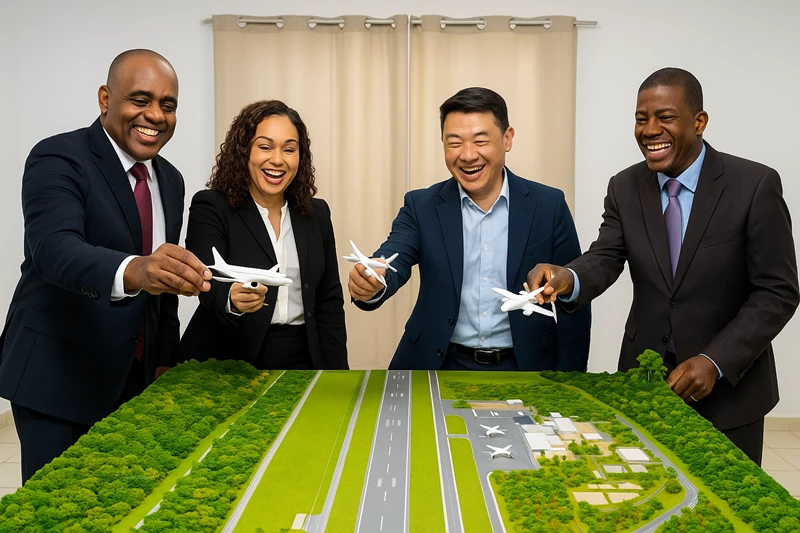 Four inspect a scale model of the new international airport, smiling and holding toy airplanes
