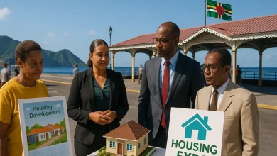 Four Dominicans stand around a housing model display at the Roseau Cruise Ship Berth in Dominica, with the Dominica flag flying and a "Housing Expo" sign in the background.