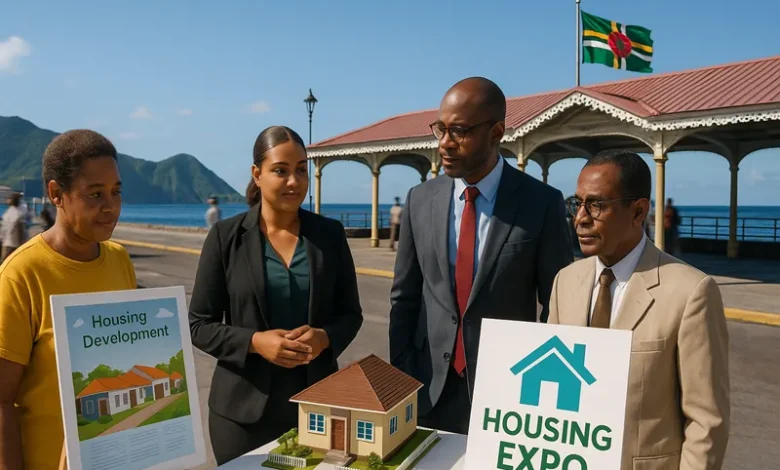 Four Dominicans stand around a housing model display at the Roseau Cruise Ship Berth in Dominica, with the Dominica flag flying and a "Housing Expo" sign in the background.