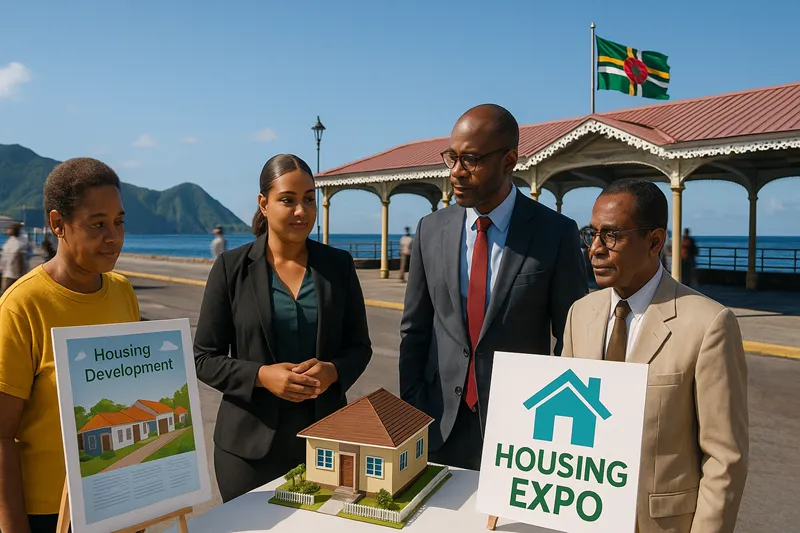 Four Dominicans stand around a housing model display at the Roseau Cruise Ship Berth in Dominica, with the Dominica flag flying and a "Housing Expo" sign in the background.