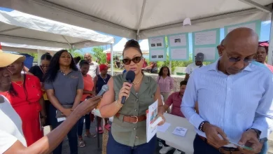 Melissa Skerrit speaks to the press with a microphone at a housing fair booth, surrounded by attendees and informational displays under a white tent.
