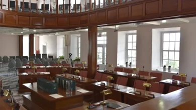 Interior of the House of Assembly in Dominica showing parliamentary seating and desks