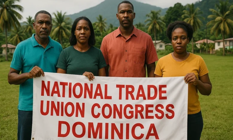 Four Dominican stand united in a grassy field holding a banner that reads 'National Trade Union Congress Dominica,' with palm trees and misty mountains in the background.