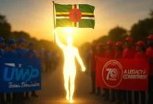 A glowing human-shaped figure holds the Dominica flag high between two blurred groups dressed in red and blue, each carrying political party banners during a rally at sunset.