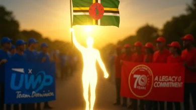A glowing human-shaped figure holds the Dominica flag high between two blurred groups dressed in red and blue, each carrying political party banners during a rally at sunset.
