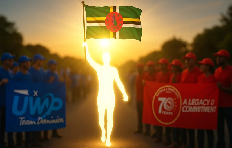 A glowing human-shaped figure holds the Dominica flag high between two blurred groups dressed in red and blue, each carrying political party banners during a rally at sunset.