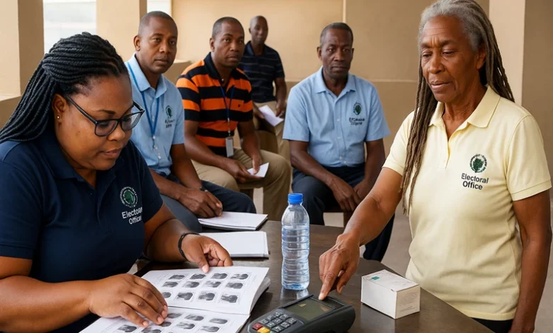 Dominica Electoral Office staff assist at a voter registration station, with officials verifying identities and using digital devices