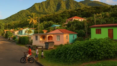View of a vibrant a Dominica village with colorful houses and lush green mountains in the background, featuring three boys near a bicycle on a quiet street.
