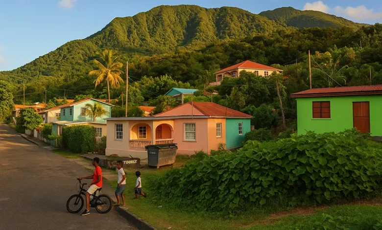View of a vibrant a Dominica village with colorful houses and lush green mountains in the background, featuring three boys near a bicycle on a quiet street.