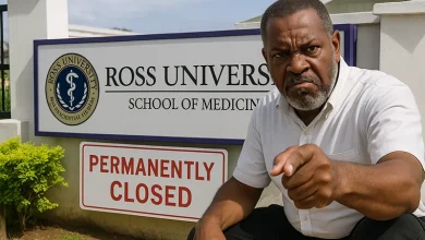 Angry Man Points at Ross University Sign Marked: Permanently Closed