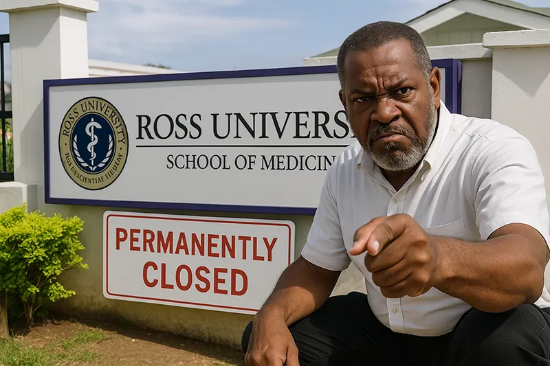 Angry Man Points at Ross University Sign Marked: Permanently Closed