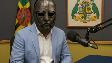 Man sits in a Dominica radio station booth, wearing a medieval-style iron helmet with the national flag and Coat of Arms of Dominica in the background.