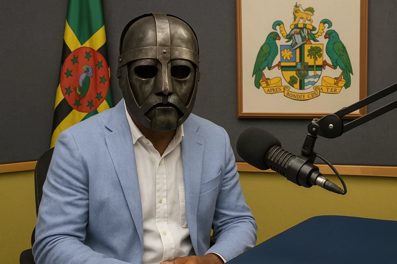 Man sits in a Dominica radio station booth, wearing a medieval-style iron helmet with the national flag and Coat of Arms of Dominica in the background.