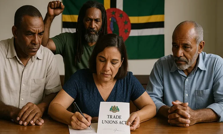 AI Generated woman signs the Trade Unions Act document at a wooden table, surrounded by three men, with Dominica’s national flag displayed in the background.