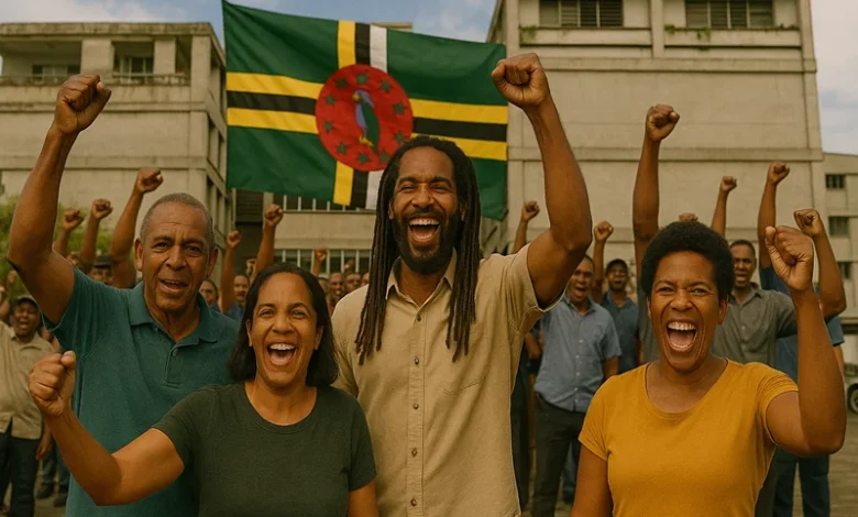 AI Generated Dominicans, three men including a Rasta, and one woman, celebrate in front of a cheering crowd with raised fists, as Dominica’s national flag waves behind them against a concrete government building backdrop