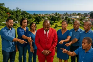 Man in red suit stands alone in shame at the Botanical Gardens in Dominica as onlookers express disappointment. (Not Real People)