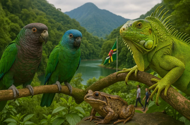 A wide-angle photograph in Dominica showing two endemic parrots perched on a tree, a mountain chicken frog on the forest floor, and a green iguana climbing a branch, all surrounded by lush forest, mountains, and a serene river.