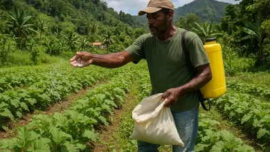 Farmer on Farm in Dominica Using Fertilizer