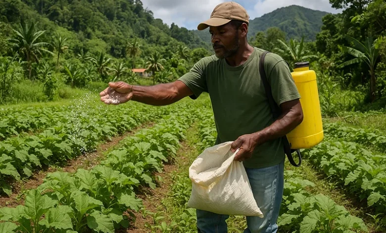 Farmer on Farm in Dominica Using Fertilizer
