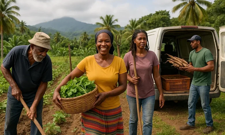 4 people pn a Farm in Dominica, doing Different tasks, to achieve success for their Farming Efforts