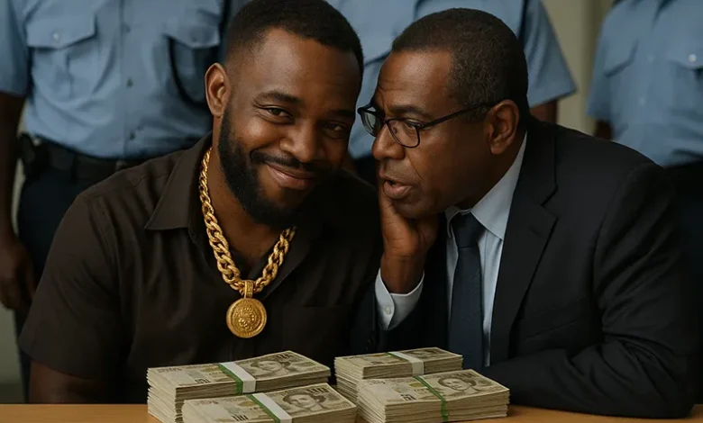 Assailant Male with Lawyer smiling while Police stand in the background and hundreds of stacks of XCD dollars on the Table.
