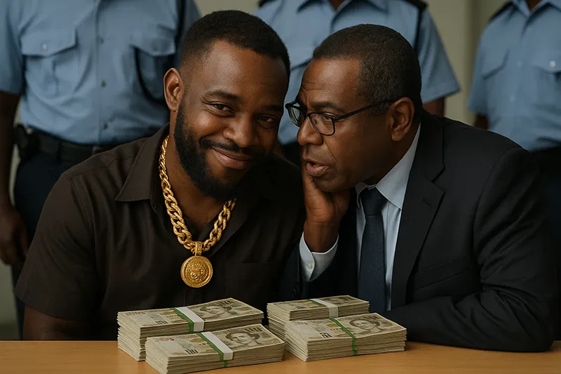 Assailant Male with Lawyer smiling while Police stand in the background and hundreds of stacks of XCD dollars on the Table.