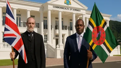 A historical-themed image shows a white British man holding the Union Jack beside a Black Dominican leader holding Dominica’s flag, both standing in front of the Commonwealth of Dominica State House.