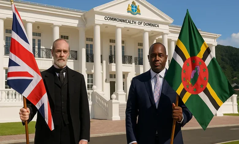 A historical-themed image shows a white British man holding the Union Jack beside a Black Dominican leader holding Dominica’s flag, both standing in front of the Commonwealth of Dominica State House.