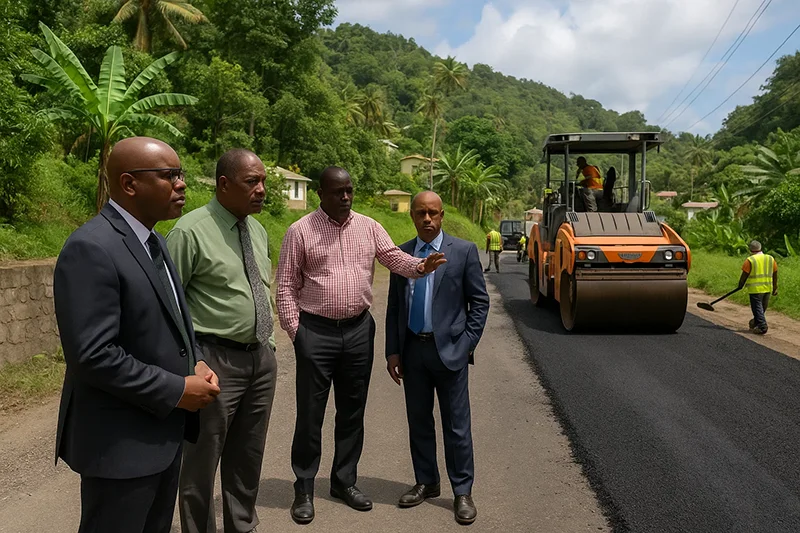 Government officials inspecting road works in Dominica