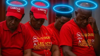 Four Dominica Labour Party supporters dressed in red shirts and caps sit with heads bowed, digitally illustrated halos glowing above their heads in a moment of solemn reflection.
