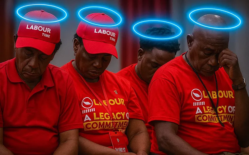 Four Dominica Labour Party supporters dressed in red shirts and caps sit with heads bowed, digitally illustrated halos glowing above their heads in a moment of solemn reflection.