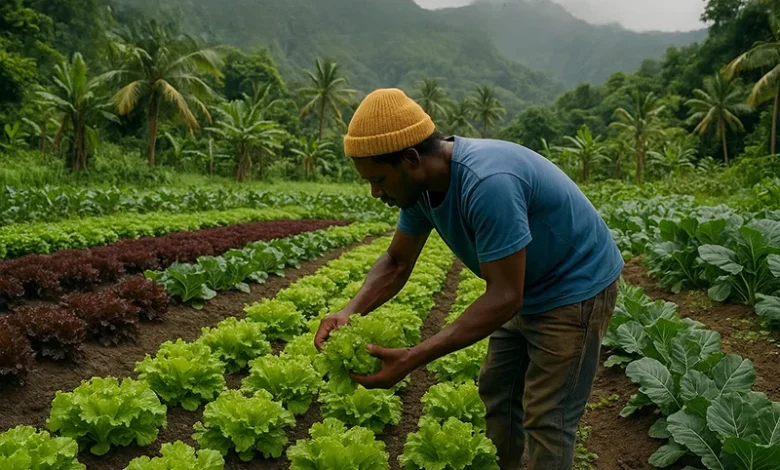 Dominica Farmer Doing Organic Farming of different leafy vegetables