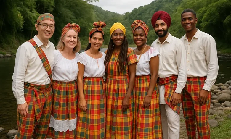 Different Ethinic People from Dominica in their Traditional Creole Madras Clothing