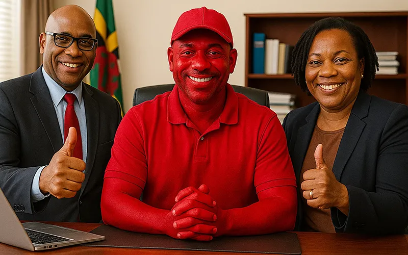 A Red Colored Man sites in his Office getting Thumbs up from Government Officials