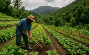 Man working no a rural farm in Dominica, planting Cabbage and working the Soil with his Hoe