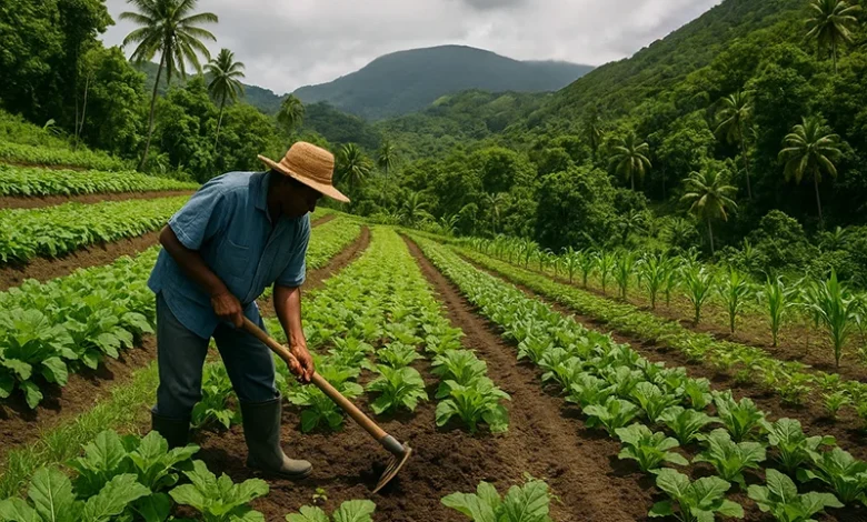 Man working no a rural farm in Dominica, planting Cabbage and working the Soil with his Hoe