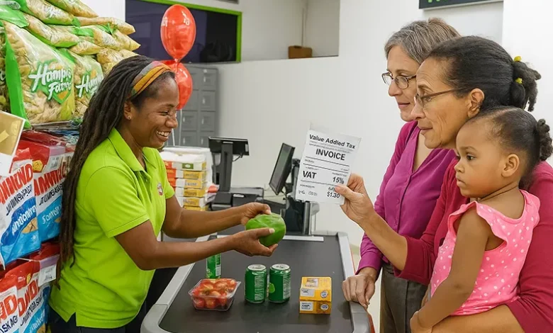 family cashing at Supermarket in Dominica and discussing the VAT