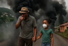 Elderly man Walking with his Grand daughter and coughing due to smoke from burning tyres in Fond Cole, Dominica